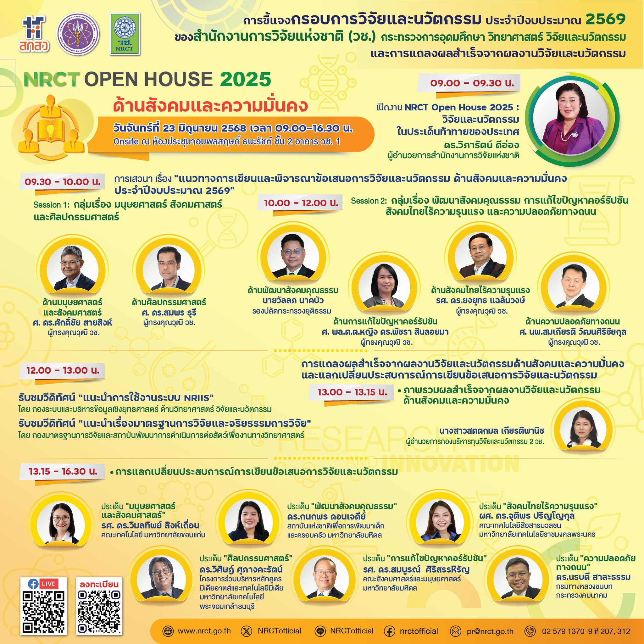 ขอเชิญเข้าร่วมรับฟังการชี้แจงกรอบการวิจัยและนวัตกรรมของสำนักงานการวิจัยแห่งชาติ (วช.) ประจำปีงบประมาณ 2569 NRCT Open House 2025 และการแถลงผลสำเร็จจากผลงานการวิจัยและนวัตกรรม  ด้านสังคมและความมั่นคง   วันจันทร์ที่ 23 มิถุนายน 2568