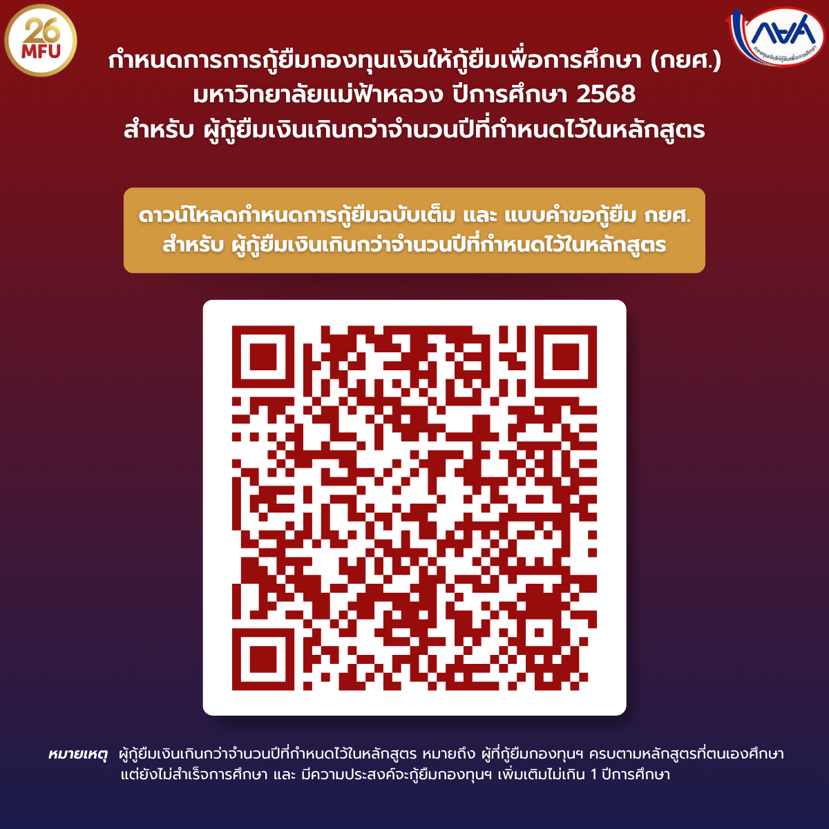 การกู้ยืมกองทุนเงินให้กู้ยืมเพื่อการศึกษา มหาวิทยาลัยแม่ฟ้าหลวง ปีการศึกษา 2568 สำหรับ ผู้กู้ยืมเงินเกินกว่าจำนวนปีที่กำหนดไว้ในหลักสูตร